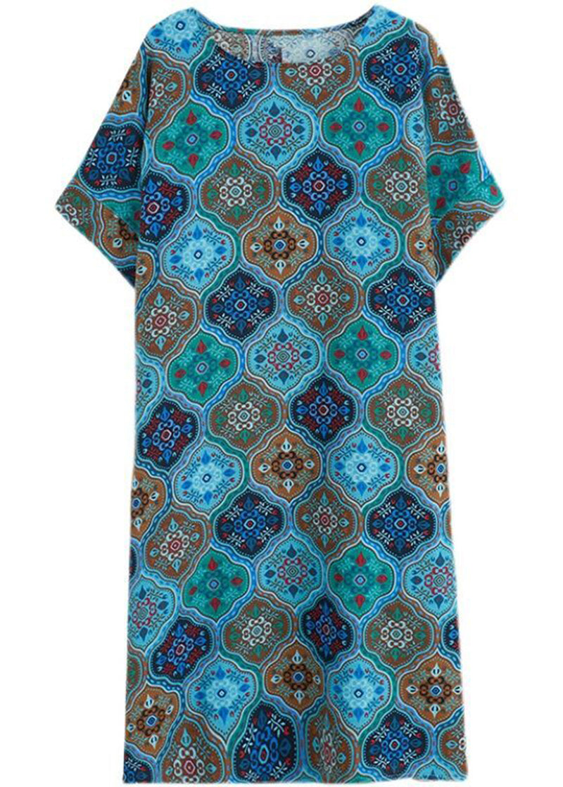 Blue O-neck Print Pockets Linen Dress Short Sleeve