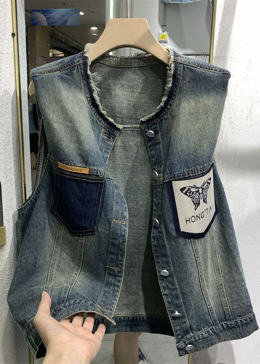 Blue O-neck Print Pockets Patchwork Waistcoat Sleeveless