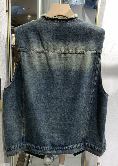 Blue O-neck Print Pockets Patchwork Waistcoat Sleeveless