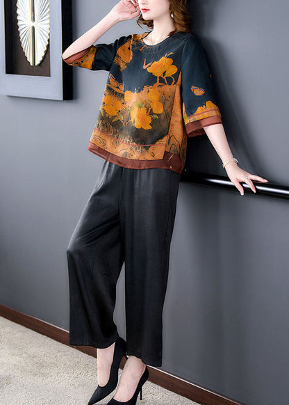 Blue O-neck Print Tops and Pants Silk Two Pieces Set Summer