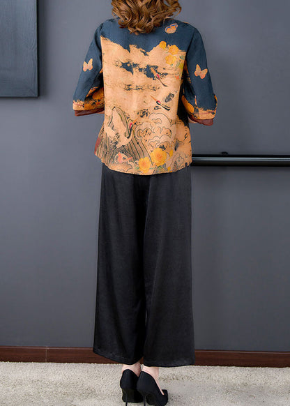 Blue O-neck Print Tops and Pants Silk Two Pieces Set Summer