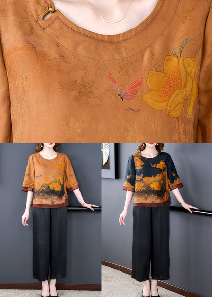 Blue O-neck Print Tops and Pants Silk Two Pieces Set Summer