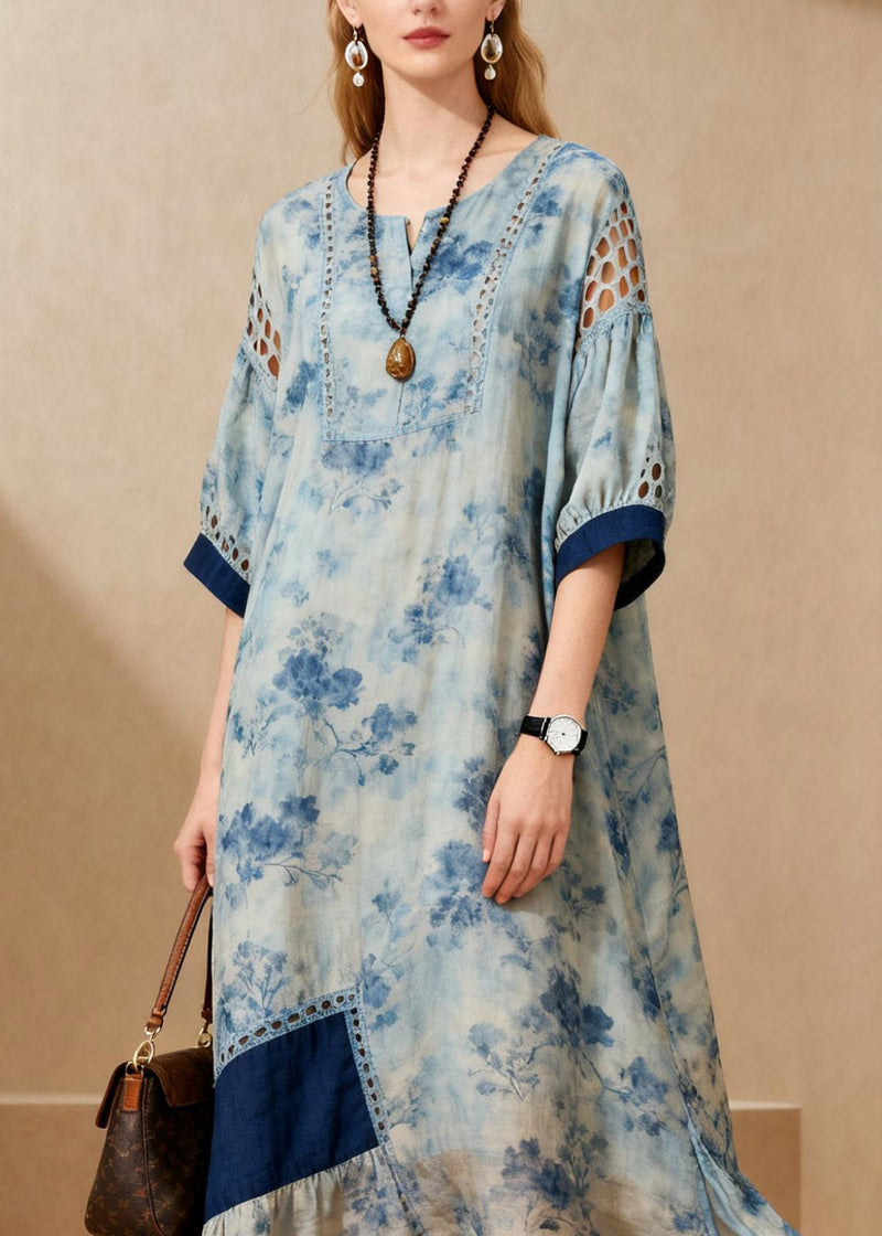 Blue O-neck Side Open Ankle Dress Lanter Sleeve