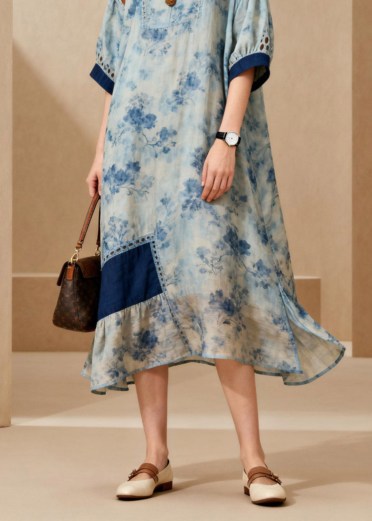 Blue O-neck Side Open Ankle Dress Lanter Sleeve