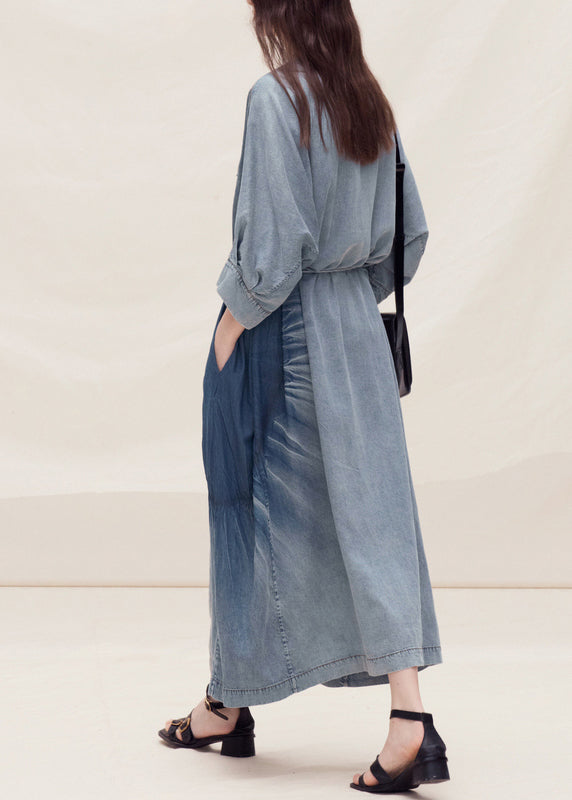Blue O Neck Tie Dye Denim Dress Summer