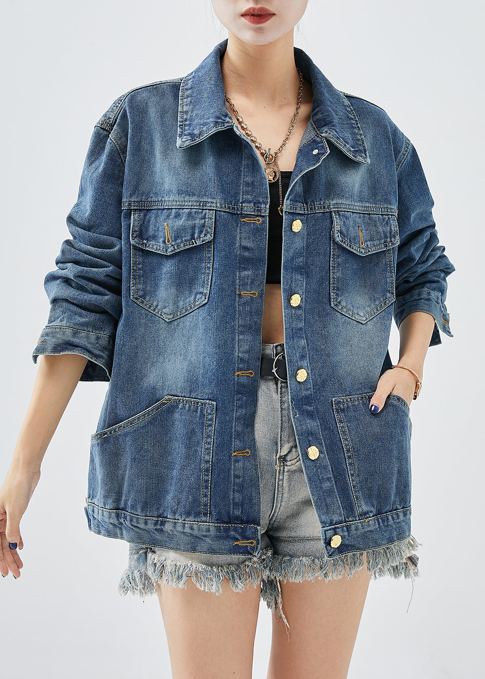 Blue Oversized Pockets Denim Coats Fall