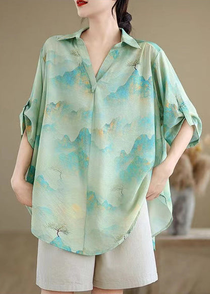 Blue Oversized Print Chiffon Shirts Summer