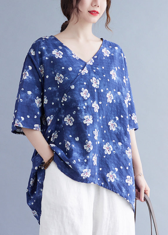 Blue Oversized Print Low High Design Linen Tank Tops Summer