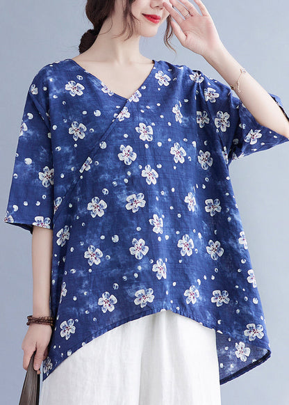 Blue Oversized Print Low High Design Linen Tank Tops Summer