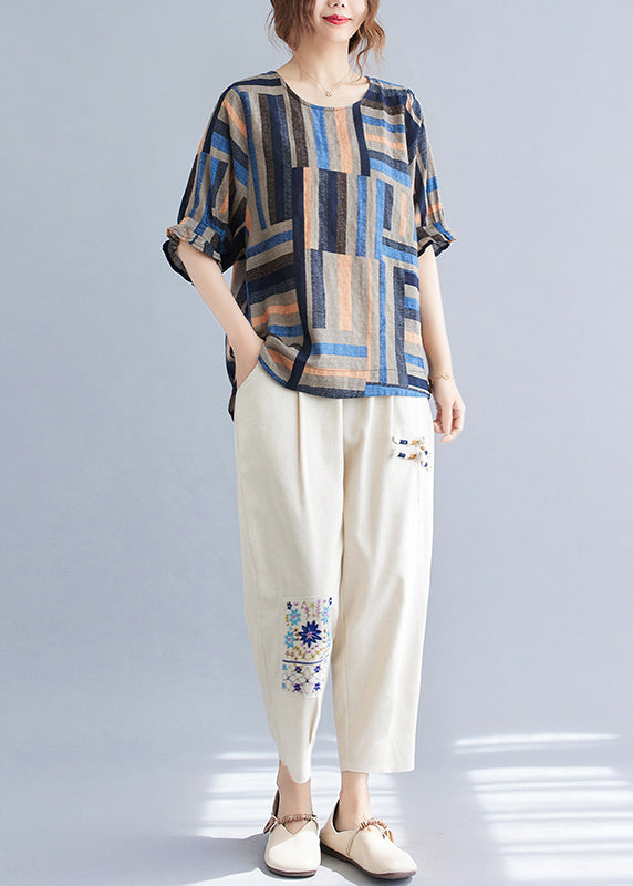 Blue Oversized Striped Linen Shirt Tops Summer