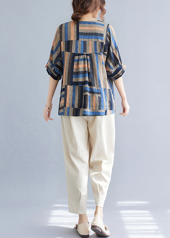 Blue Oversized Striped Linen Shirt Tops Summer