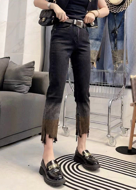Blue Patchwork High Waist Crop Straight Pants