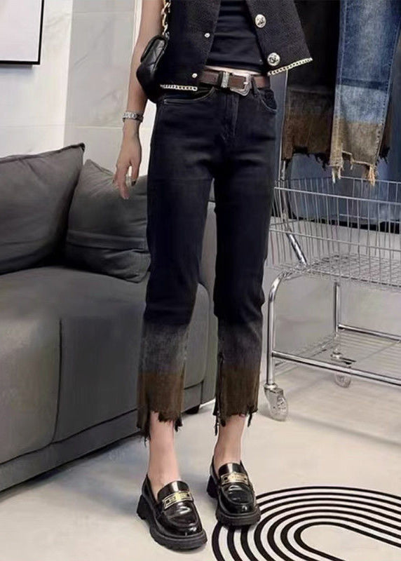 Blue Patchwork High Waist Crop Straight Pants
