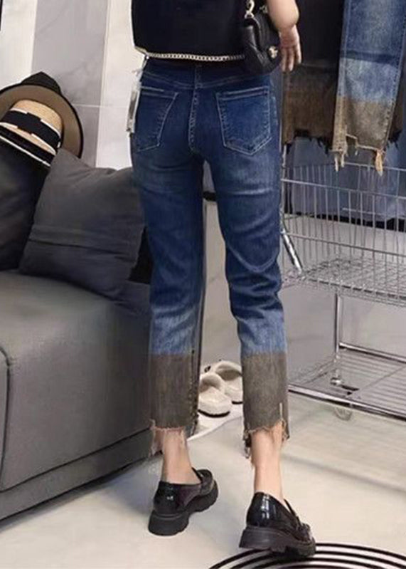 Blue Patchwork High Waist Crop Straight Pants