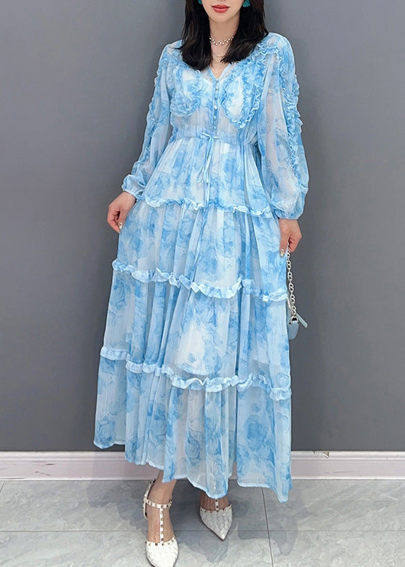 Blue Patchwork Ruffled Button Chiffon Maxi Dresses Spring