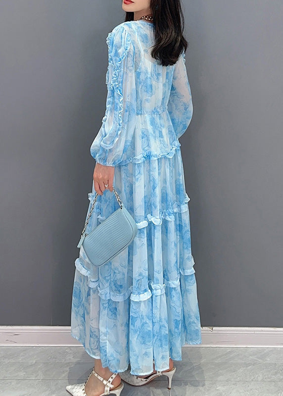 Blue Patchwork Ruffled Button Chiffon Maxi Dresses Spring