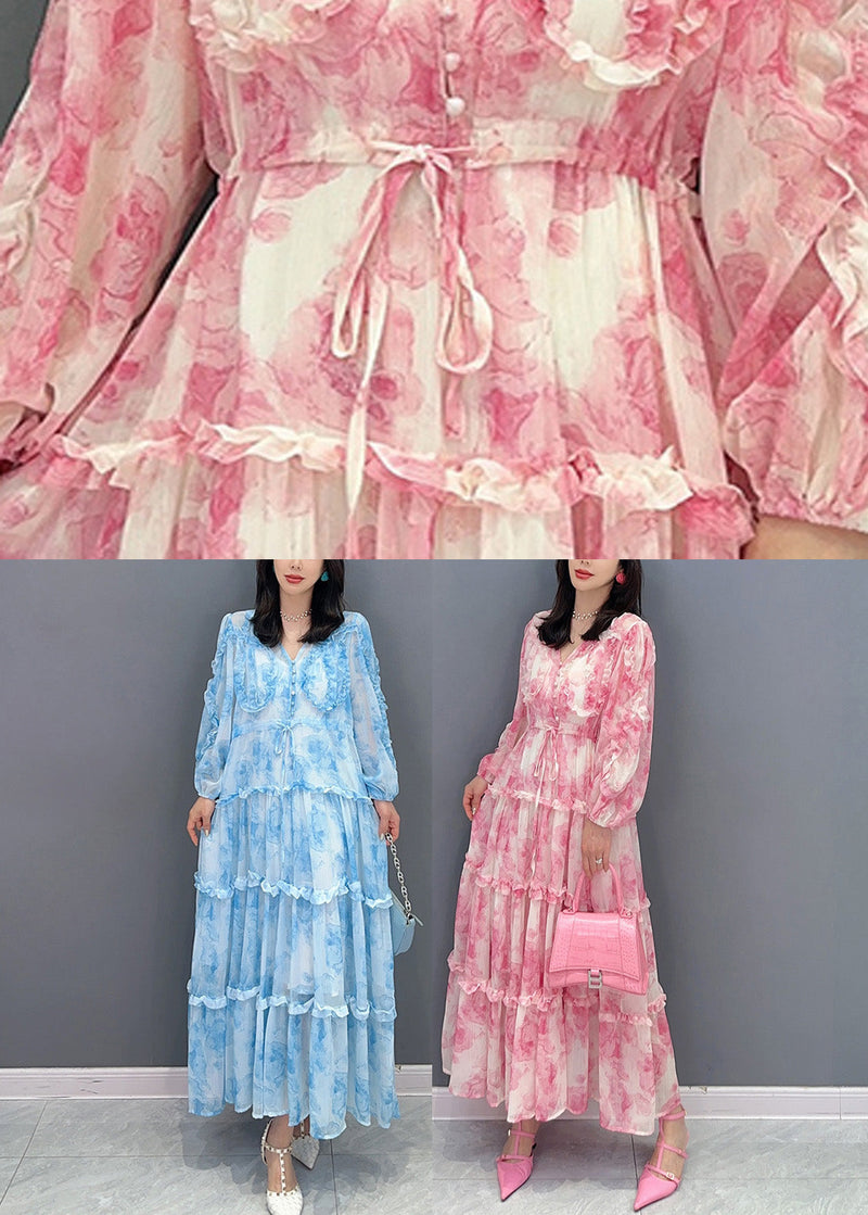 Blue Patchwork Ruffled Button Chiffon Maxi Dresses Spring