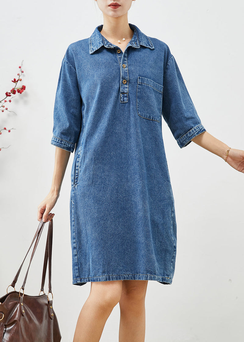 Blue Peter Pan Collar Cinched Denim Dress Half Sleeve