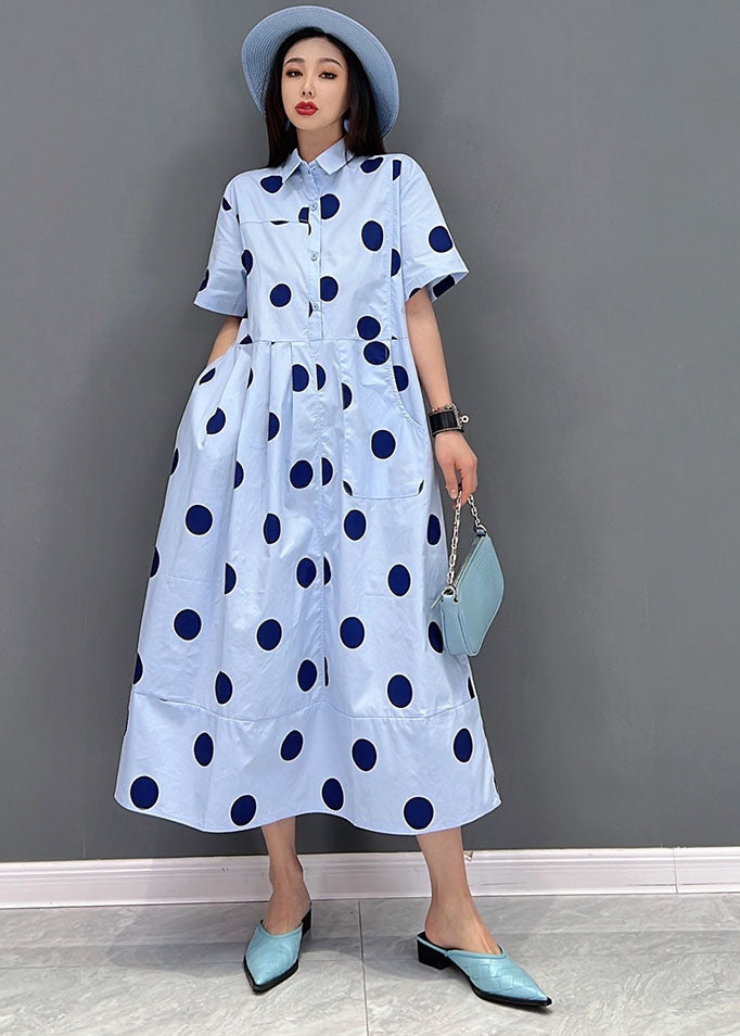 Blue Peter Pan Collar Dot Print Pockets Shirt Dresses Short Sleeve