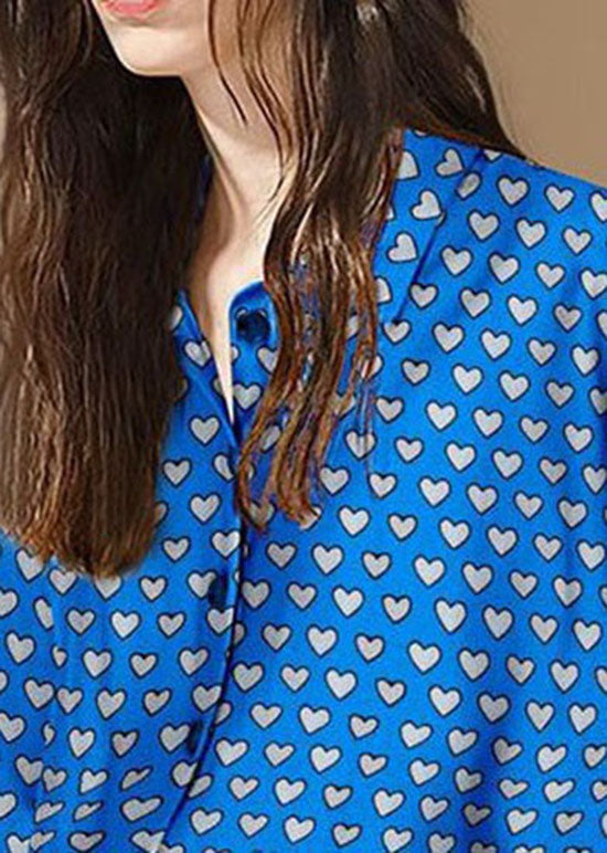 Blue Peter Pan Collar Heart Print Patchwork Cotton Shirt Tops Spring