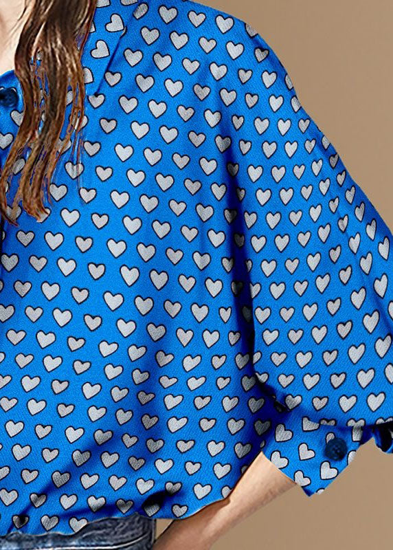 Blue Peter Pan Collar Heart Print Patchwork Cotton Shirt Tops Spring