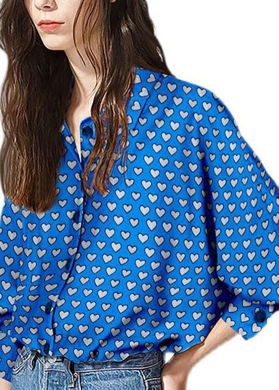 Blue Peter Pan Collar Heart Print Patchwork Cotton Shirt Tops Spring