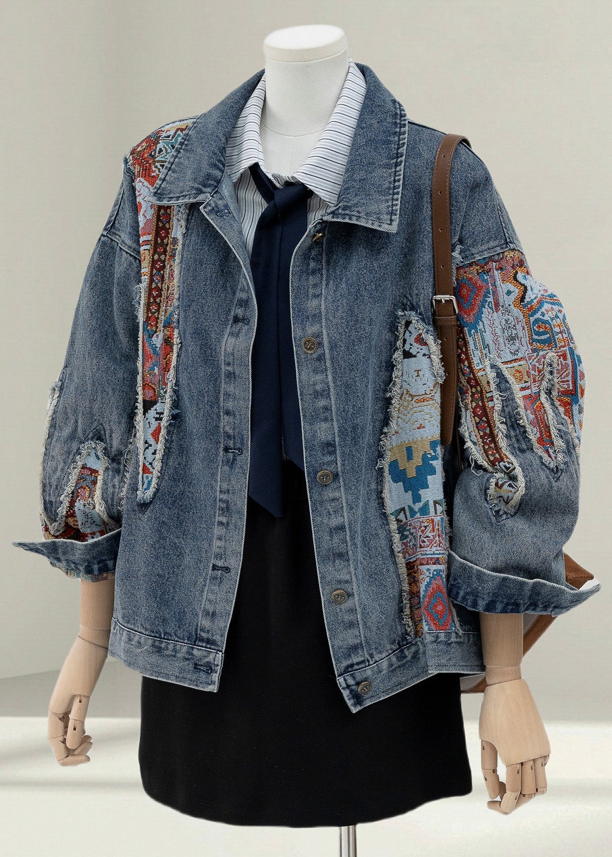Blue Peter Pan Collar Jacquard Patchwork Denim Coat Fall