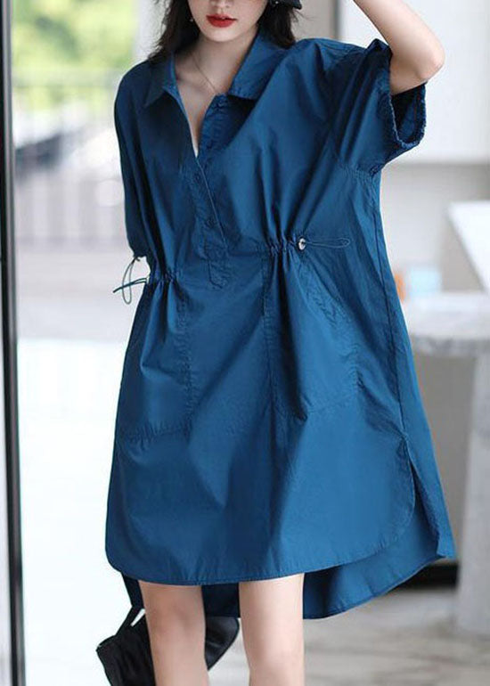 Blue Peter Pan Collar Patchwork Cotton Shirts Dresses Summer