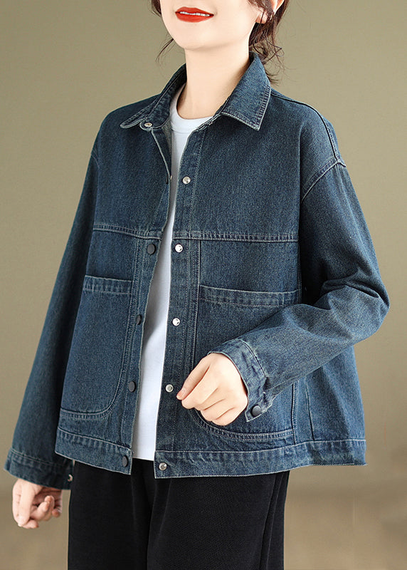 Blue Peter Pan Collar Pockets Warm Fleece Denim Coat Winter