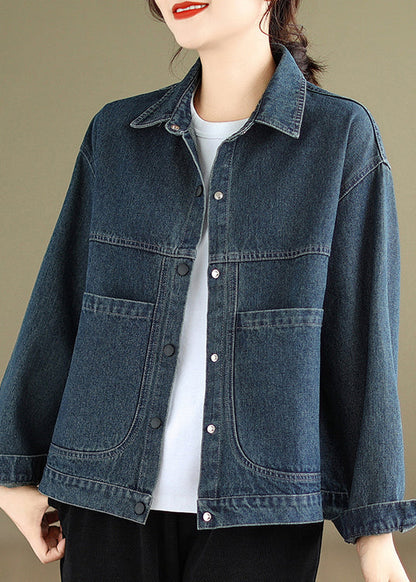 Blue Peter Pan Collar Pockets Warm Fleece Denim Coat Winter