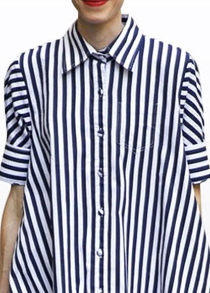 Blue Peter Pan Collar Striped Cotton Shirt Dress Short Sleeve