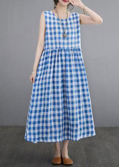 Blue Plaid Patchwork Maxi Dresses Sleeveless