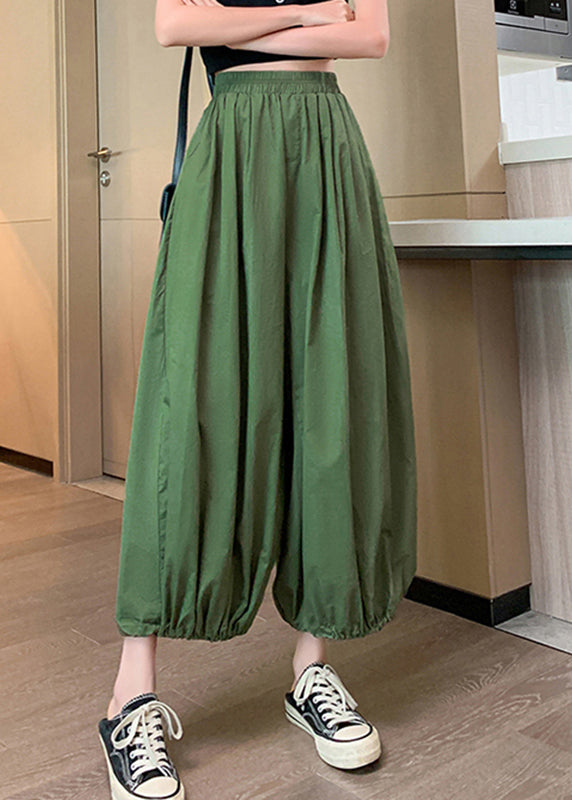 Blue Pockets Elastic Waist Crop Pants Summer