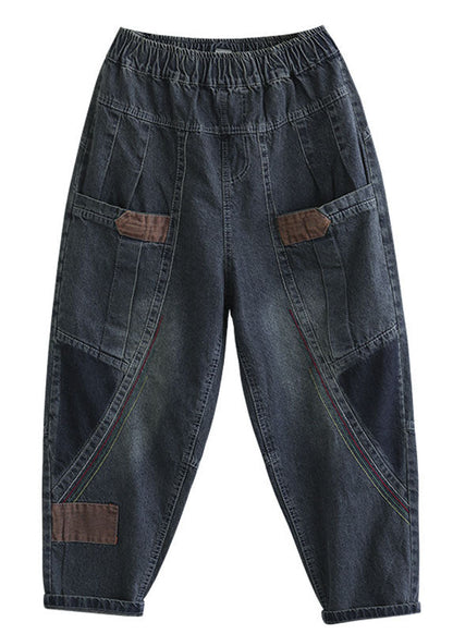 Blue Pockets Patchwork Fall Denim Pants
