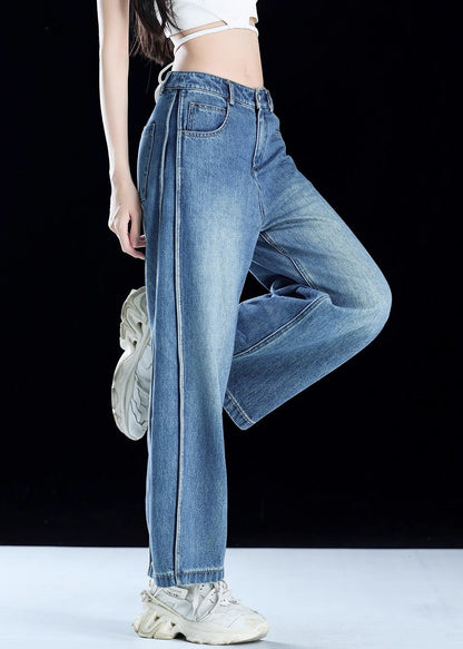 Blue Pockets Patchwork Denim Crop Pants Summer