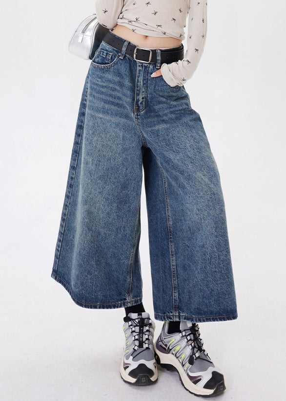 Blue Pockets Patchwork Denim Crop Pants