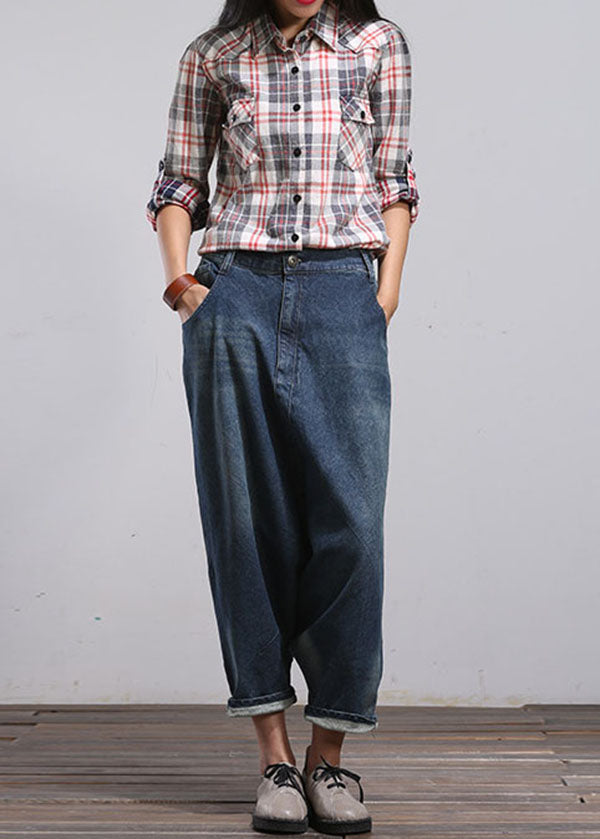 Blue Pockets Patchwork Denim Harem Pants Spring