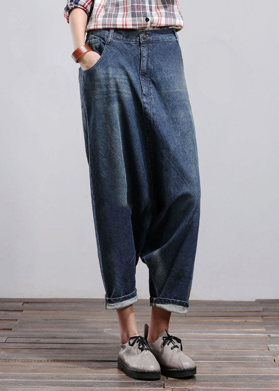 Blue Pockets Patchwork Denim Harem Pants Spring