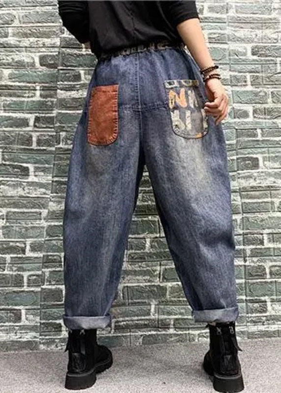 Blue Pockets Patchwork Print Denim Harem Pants Spring