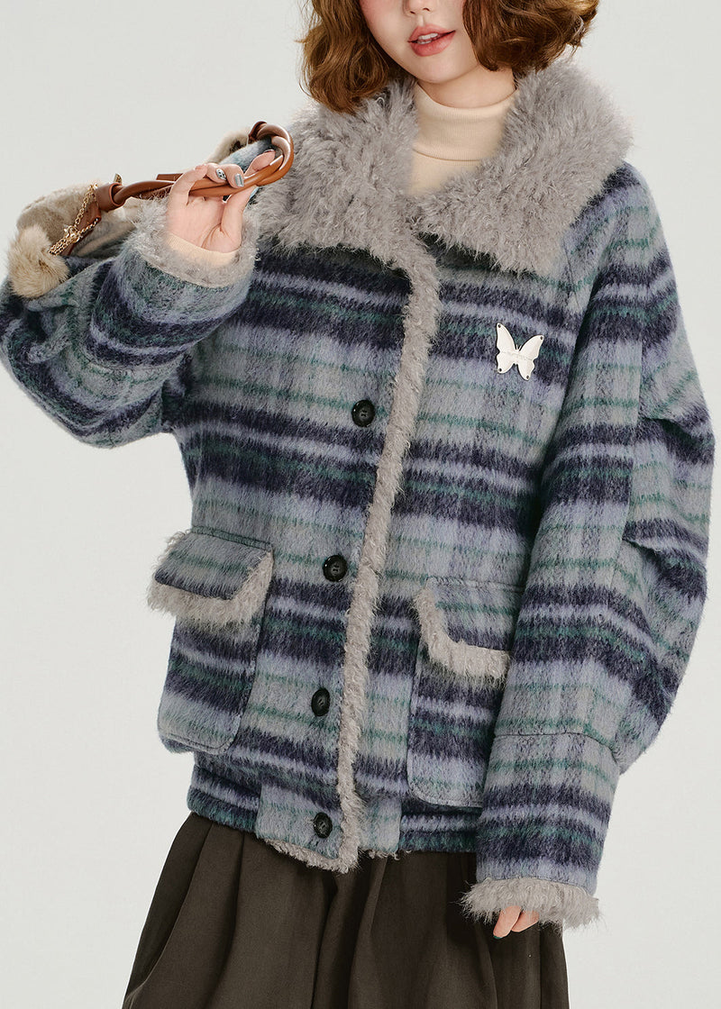 Blue Pockets Plaid Warm Fleece Coat Outwear Winter