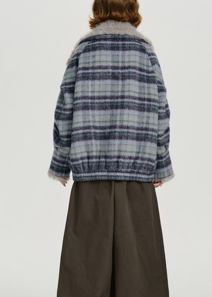 Blue Pockets Plaid Warm Fleece Coat Outwear Winter
