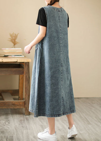Blue Pockets Wrinkled Patchwork Denim Dresses Summer