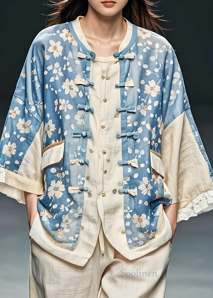 Blue Print Chinese Button Patchwork Cotton Coats Fall