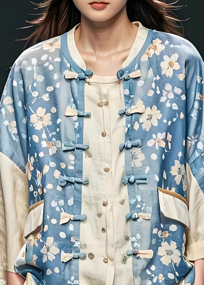 Blue Print Chinese Button Patchwork Cotton Coats Fall
