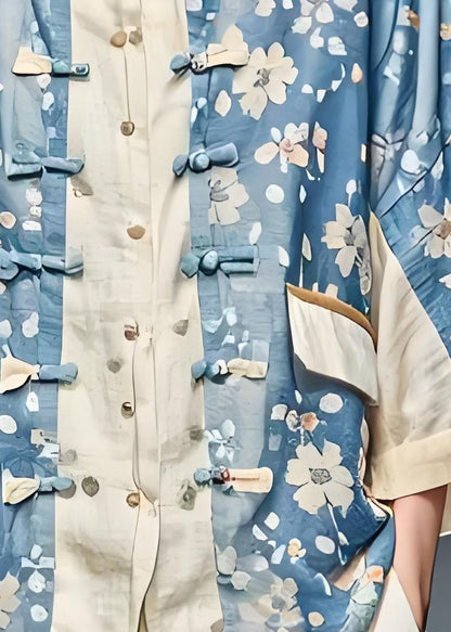 Blue Print Chinese Button Patchwork Cotton Coats Fall