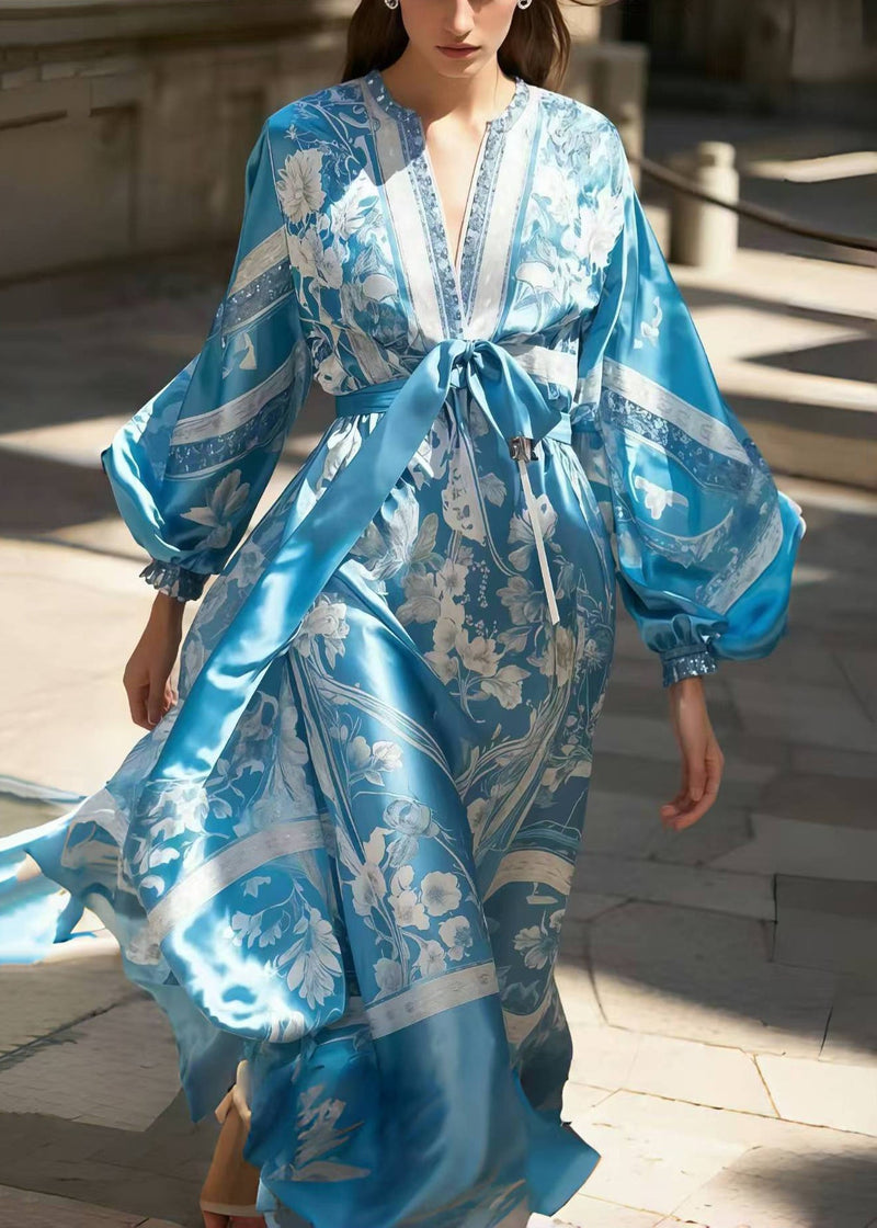 Blue Print Draping Silk Maxi Dress Lantern Sleeve