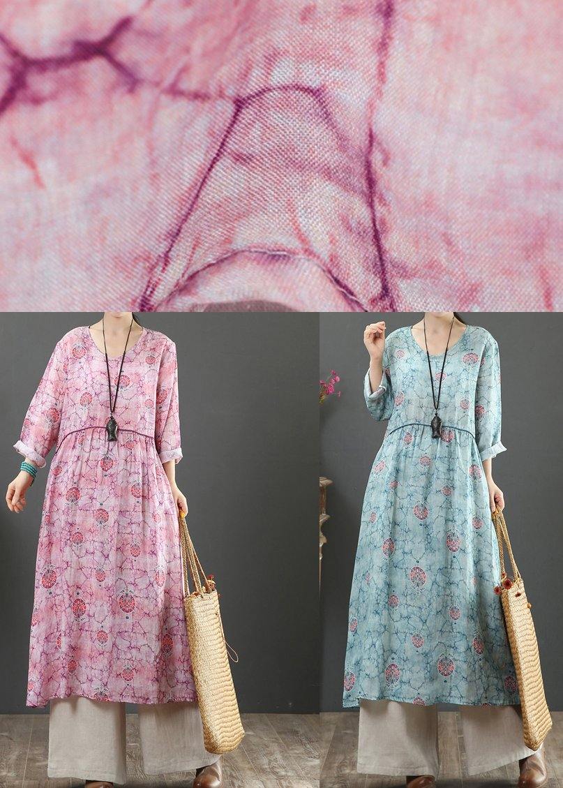Blue Print Dresses O Neck Cinched Maxi Spring Dresses