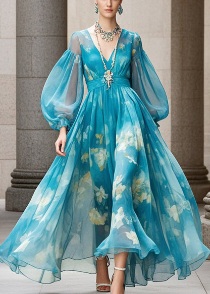 Blue Print Exra Large Hem Chiffon Dress Lantern Sleeve
