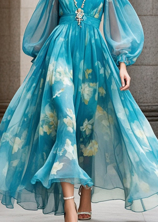 Blue Print Exra Large Hem Chiffon Dress Lantern Sleeve