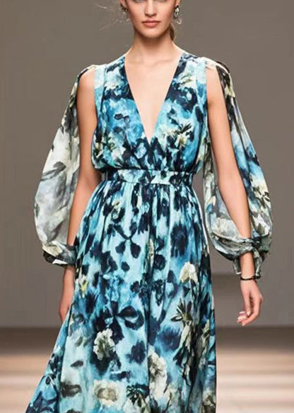 Blue Print Exra Large Hem Chiffon Long Dress Spring